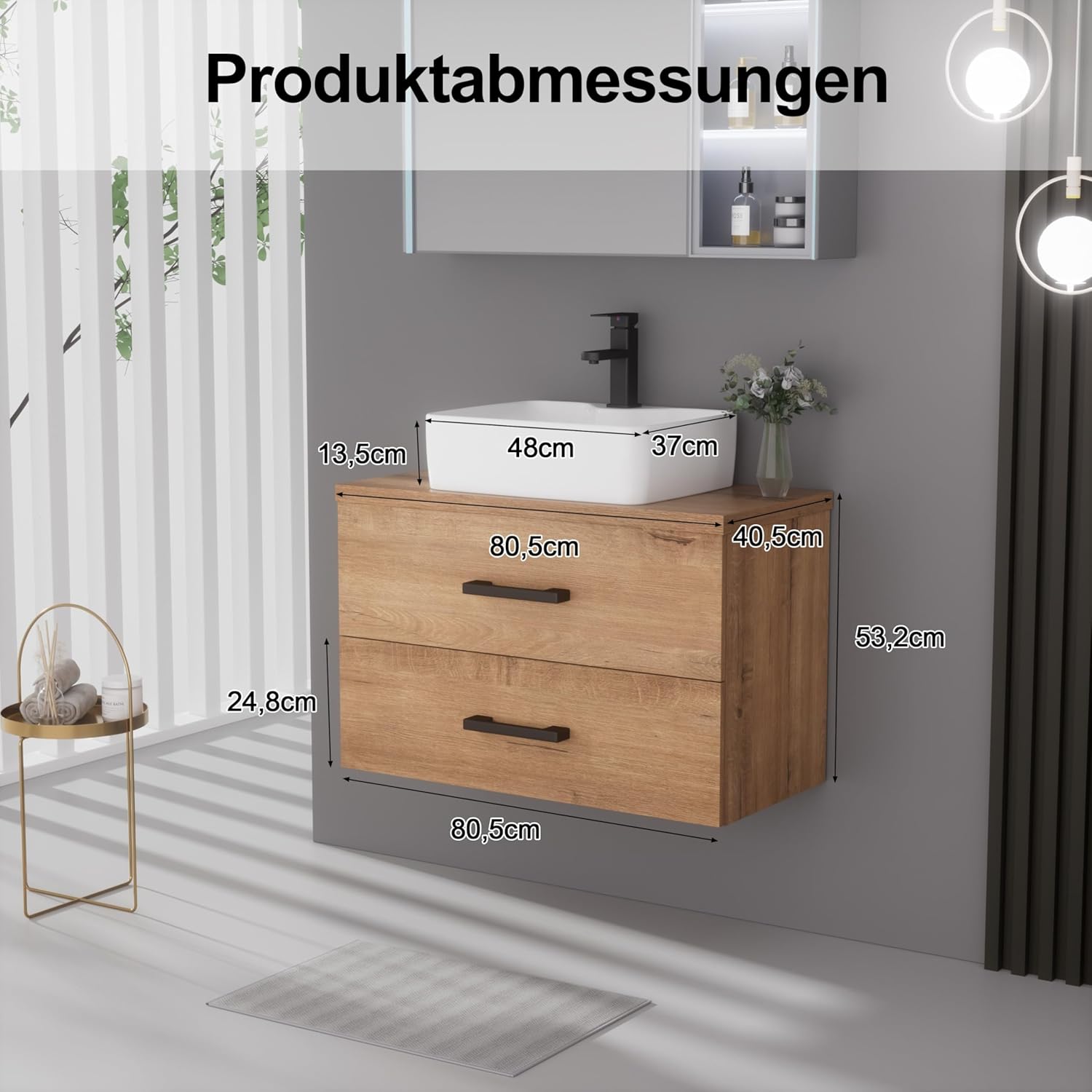 UEV Waschbeckenunterschrank für Gäste-WC/kleines Bad, Waschtisch kleine, Badschrank, Badezimmerschrank, Waschplatz ausreichend Stauraum Platzsparender 80,5 x 40,5 x 53,2 cm, Natur