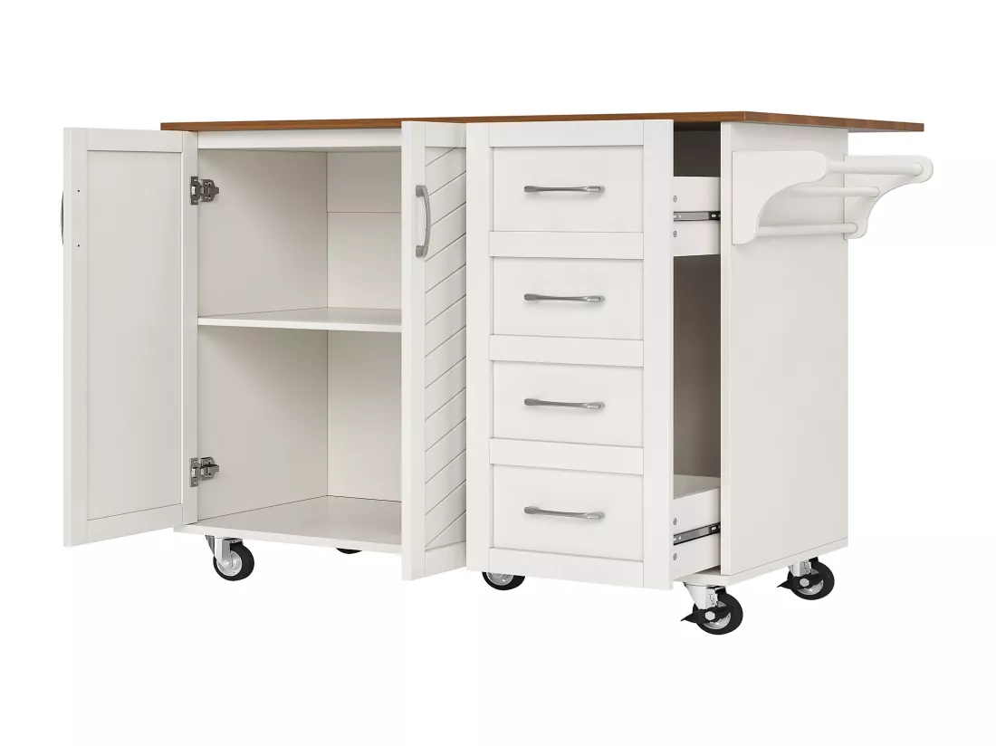 Ilot central de cuisine - chariot à roulette avec plateau extensible - 2 tiroirs et 2 portes - Blanc