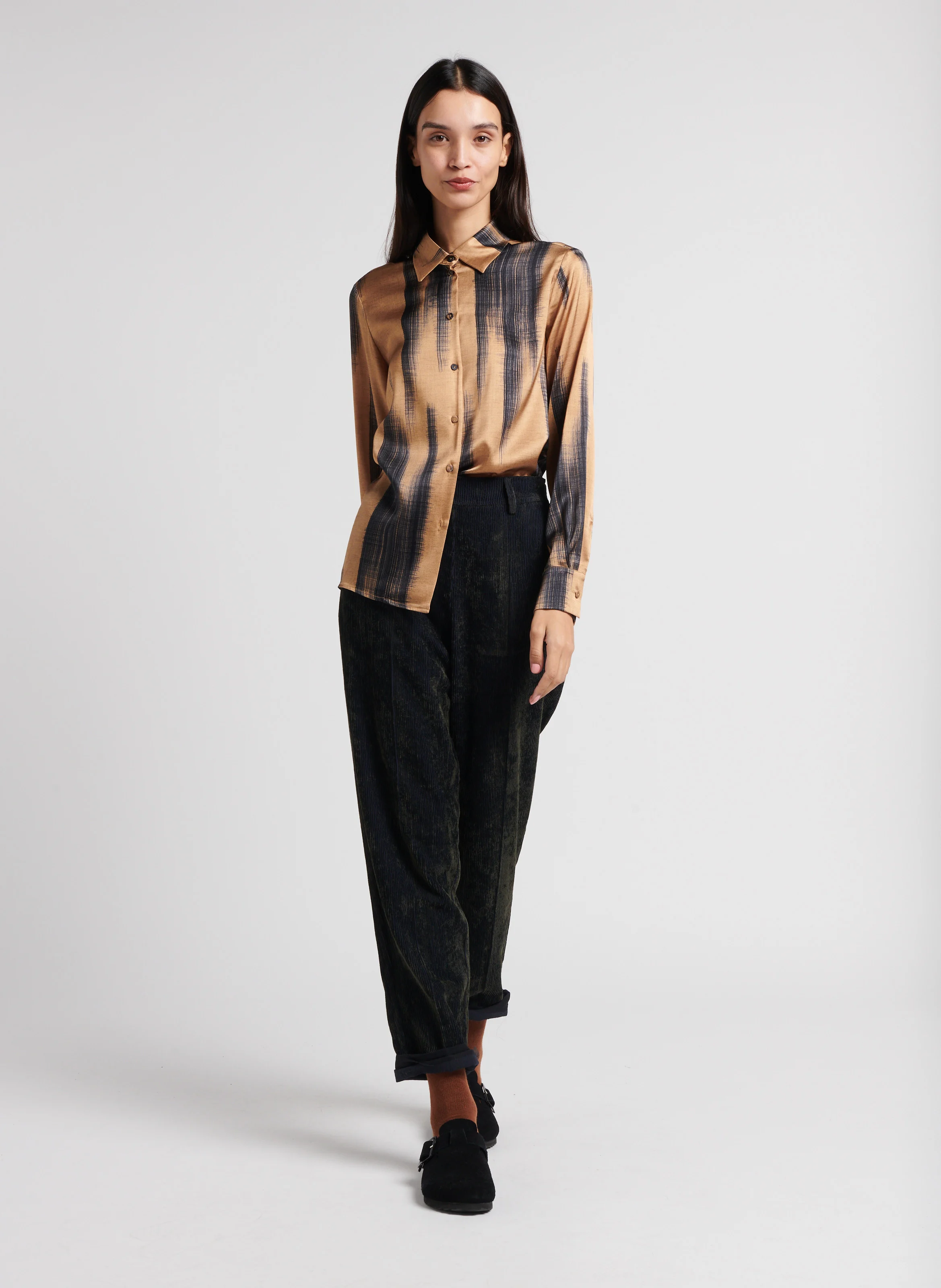SIMON - Chemise droite col classique imprimée en soie mélangée | Doré