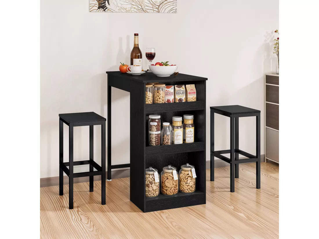 YITAHOME Table de bar 3 Pièces - 2 tabourets - Noir - Étagères ouvertes - pour la Maison, la Cuisine, le Pub et le Café