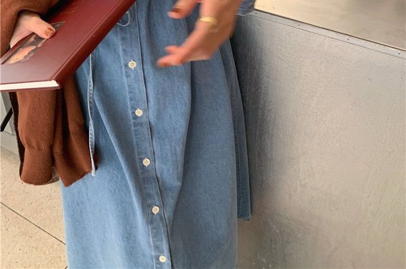 Leoom - Denim midi-jurk met lange mouwen