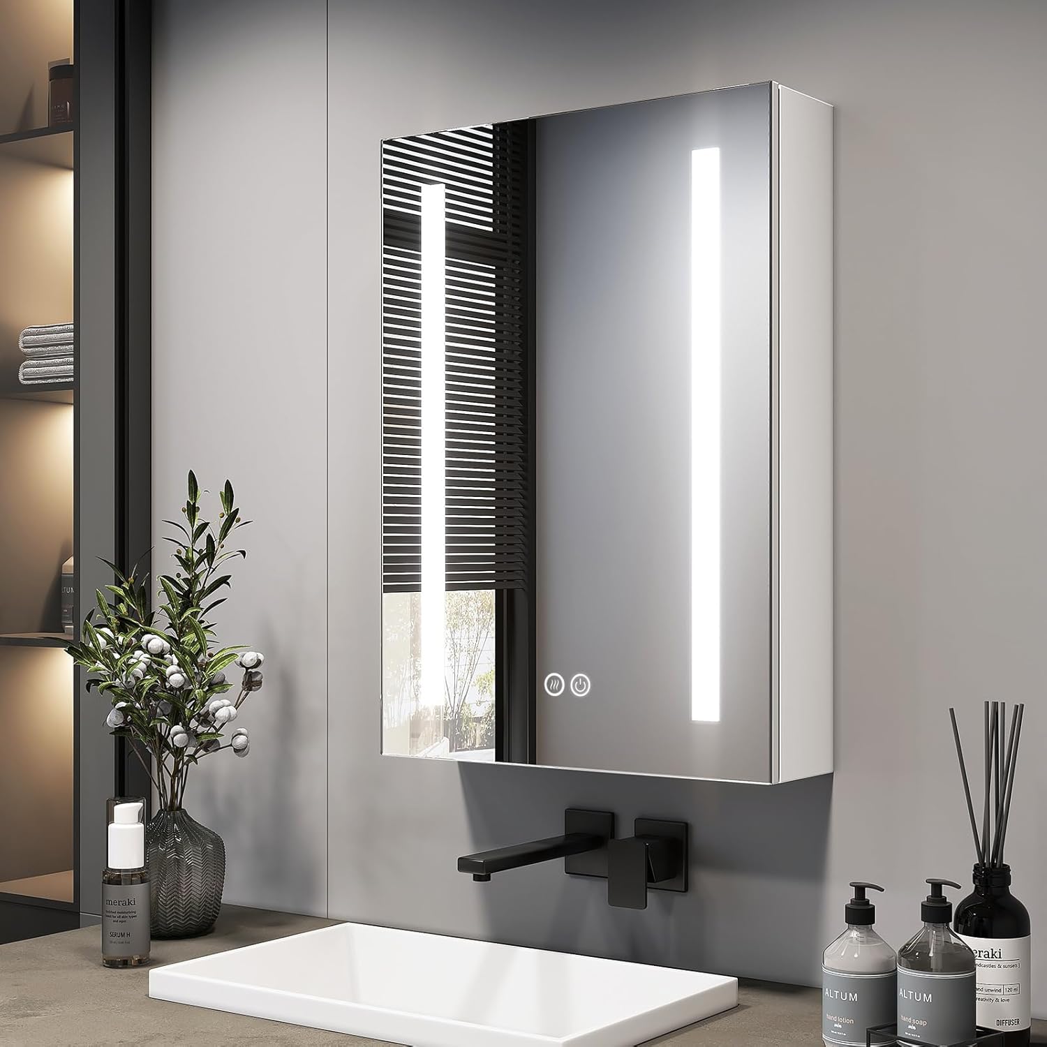 EMKE Spiegelschrank Bad Mit Beleuchtung 50x70cm, 3 Dimmbare Lichtfarben, Antibeschlag, Steckdose, Badezimmer Mit Glasablage, Weißer Doppelspiegel, Speicherfunktion