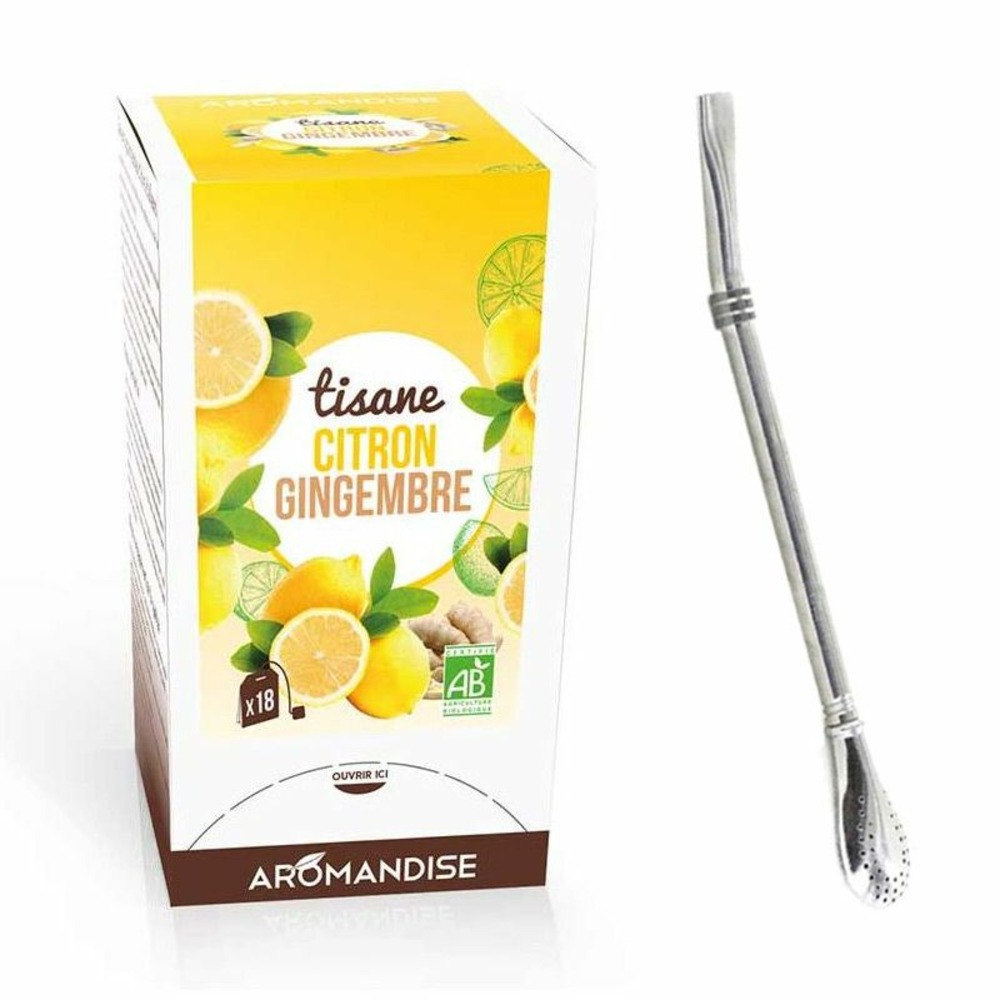 Tisane gingembre et citron bio 20 sachets + paille inox avec filtre