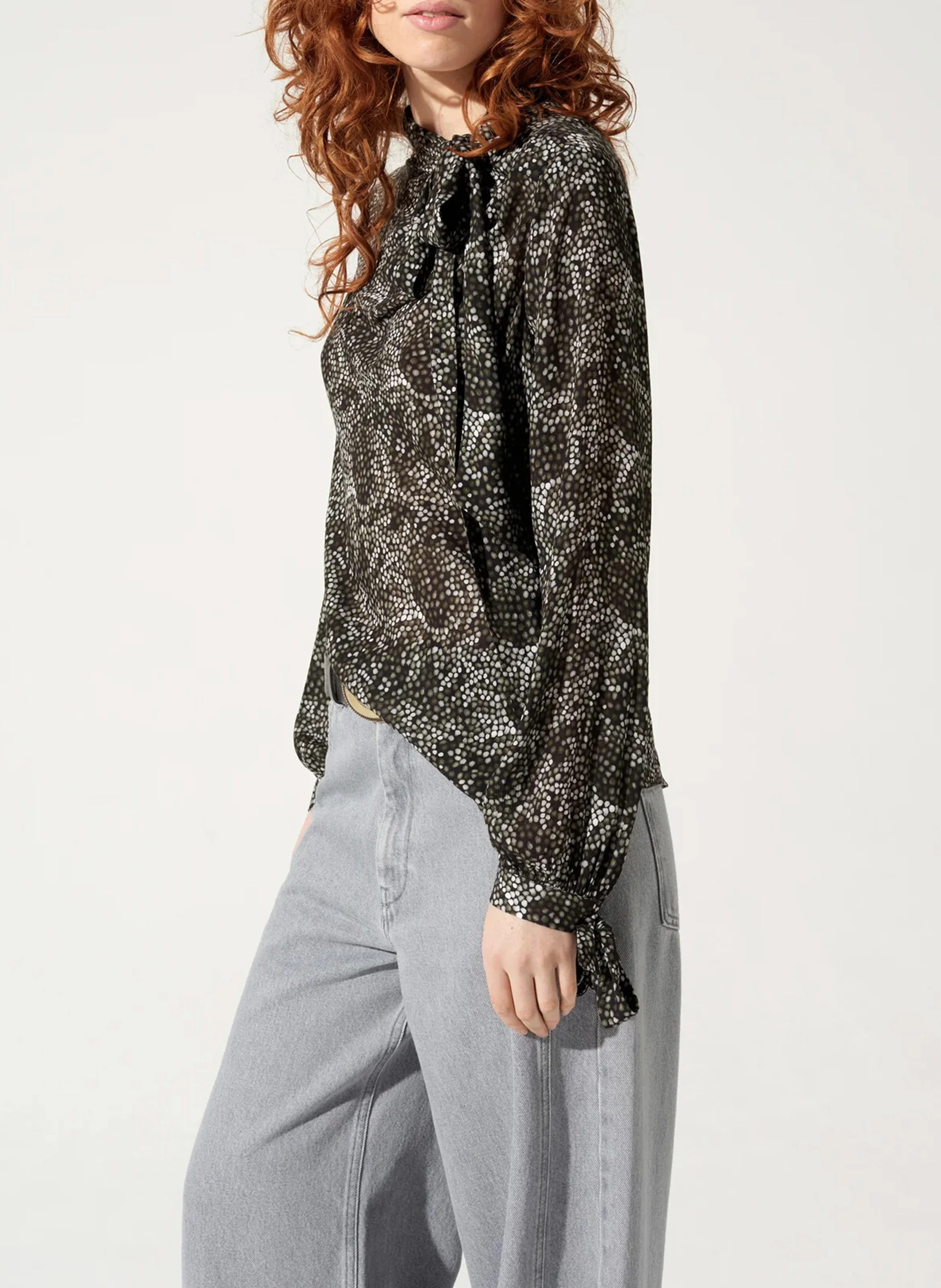 Blouse col lavallière droite imprimée | Noir
