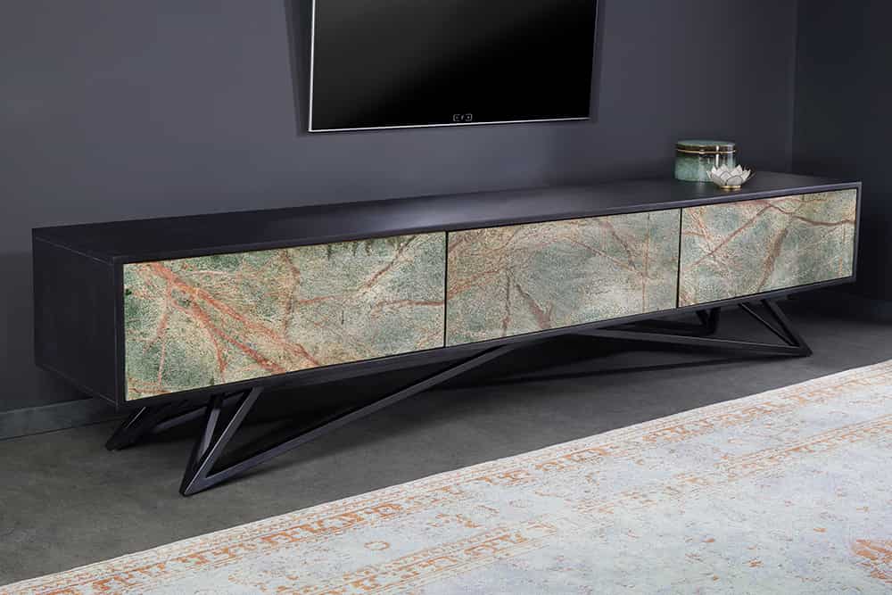 Massivholz TV Lowboard MOUNTAIN SOUL 200cm echter Naturstein Akazie schwarz hängend / stehend