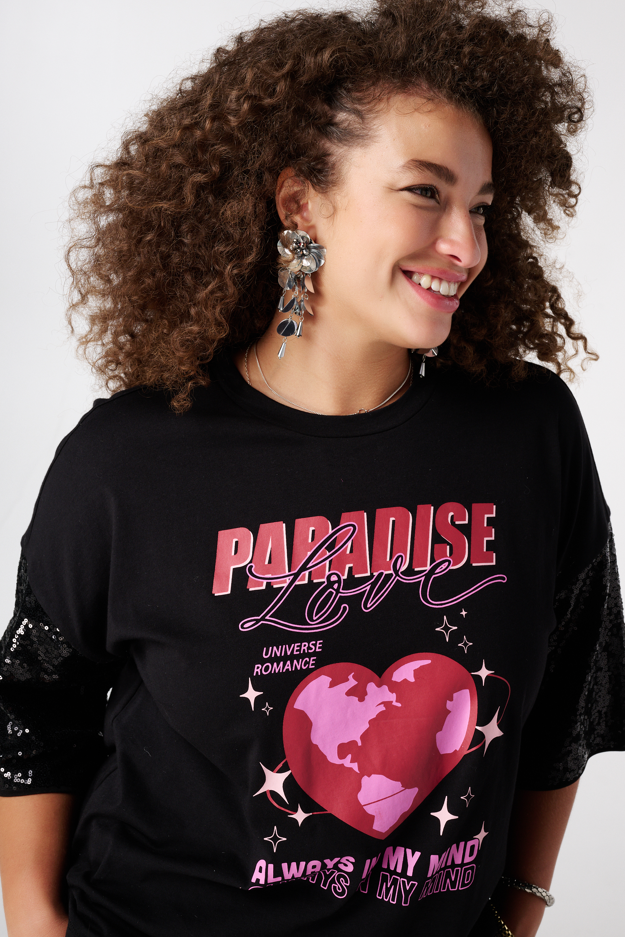 Oversized t-shirt met pailletten mouwen Zwart