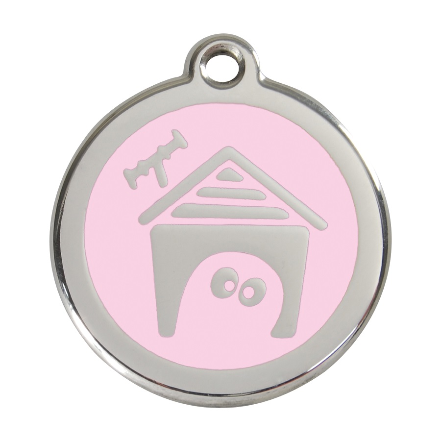 Placa de identificação para cães em aço inoxidável esmaltado, com casinha rosa.