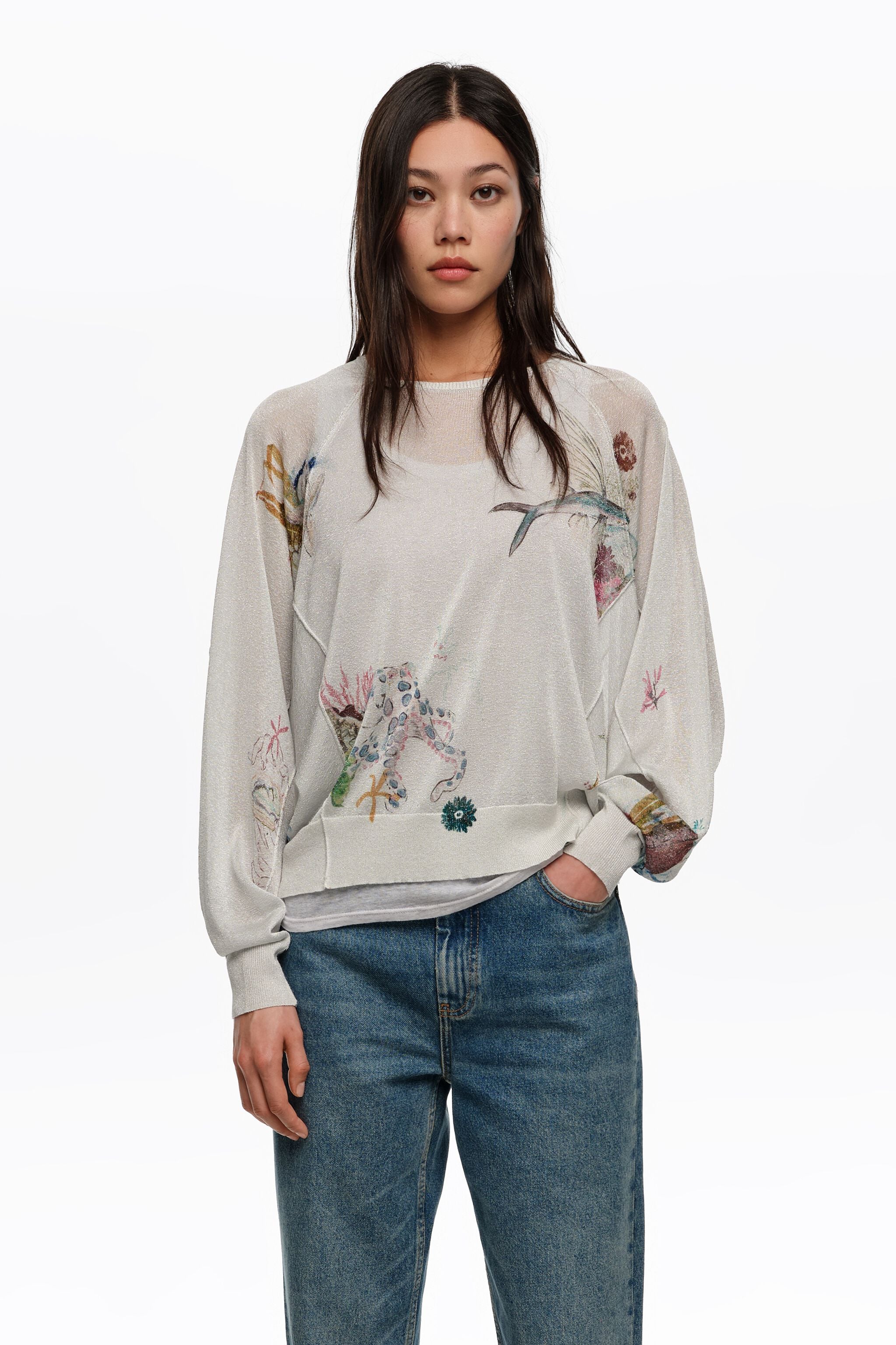 Suéter Seabed off-white com mangas morcego em lurex.