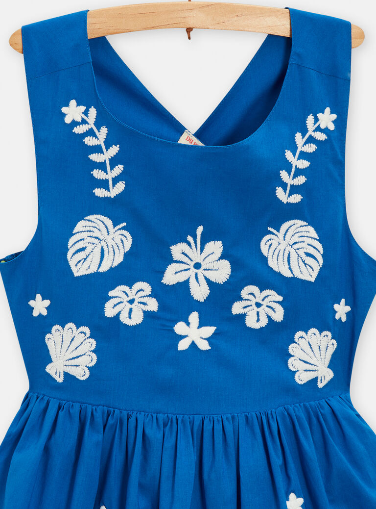 Robe bleu broderies fleuries pour fille