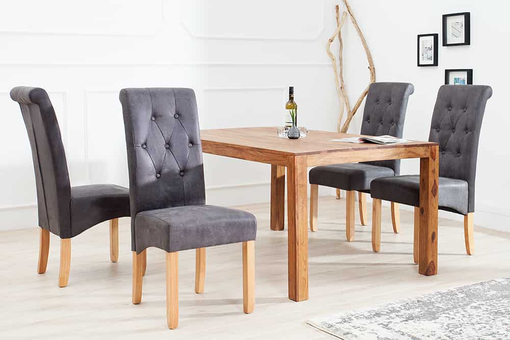 Edler Stuhl CASA vintage grau mit Zierknöpfen Massivholzbeine