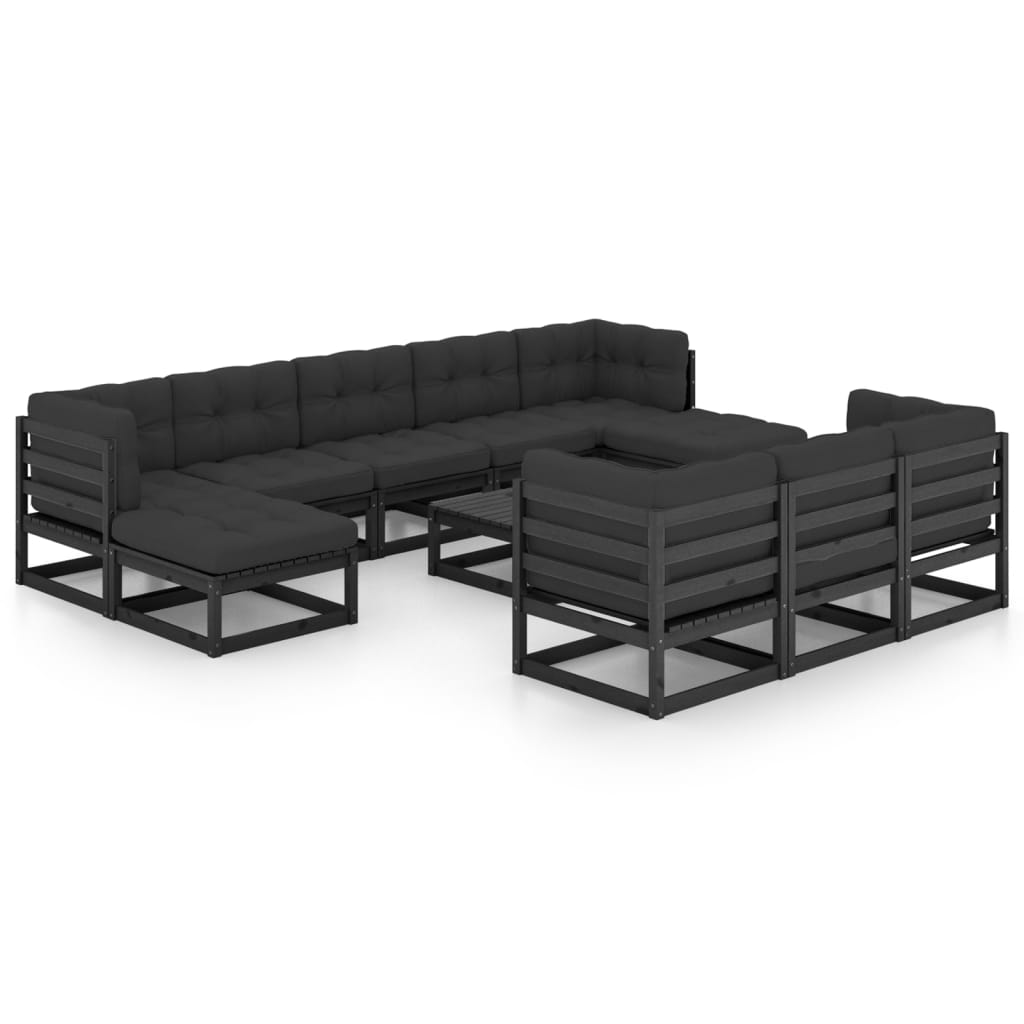 Salon de jardin meuble d'extérieur ensemble de mobilier 11 pièces avec coussins noir bois de pin massif