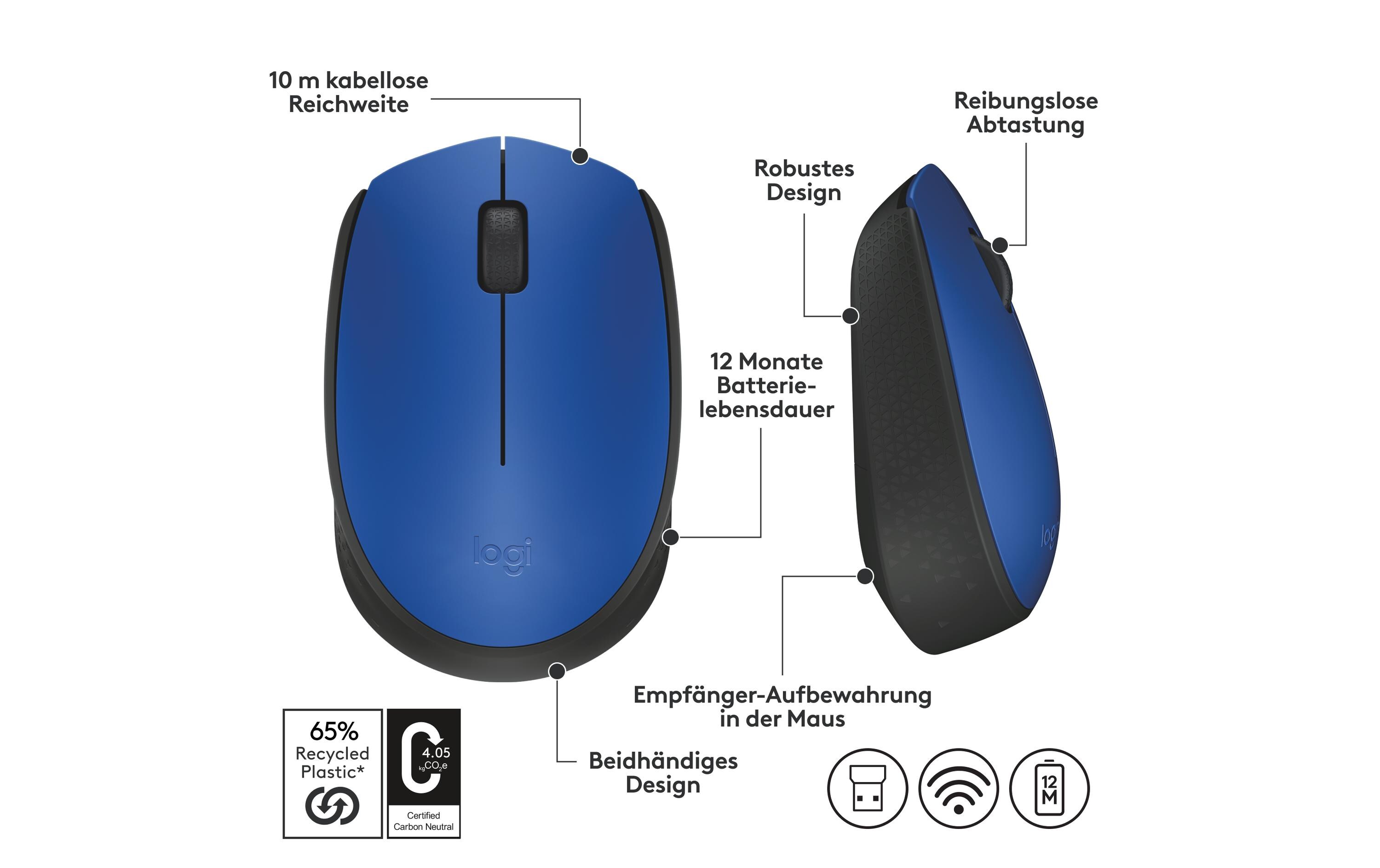 Mobile Maus M171 , kabellosKleine Wireless-Maus für Links- & Rechtshänder mit bis zu 12 Monaten Batterielaufzeit
