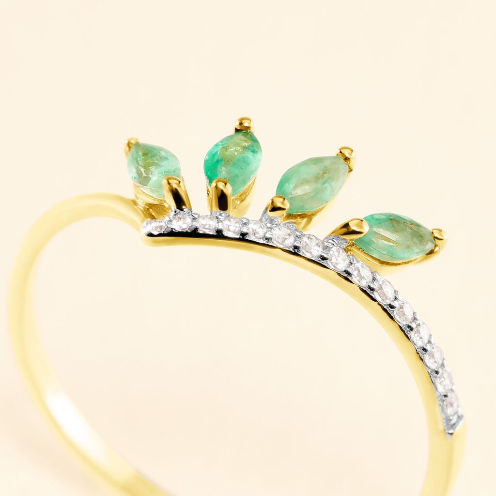 Bague Navette Or Jaune Emeraude Diamant