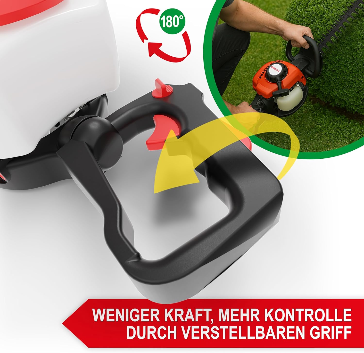 Benzin-Heckenschere mit Drehgriff und Anstoßschutz – 680 mm Schwertlänge, 620 mm Schnittlänge – 1,02 PS – leistungsstark, ergonomisch, präzise und sicher für exakte Heckenpflege