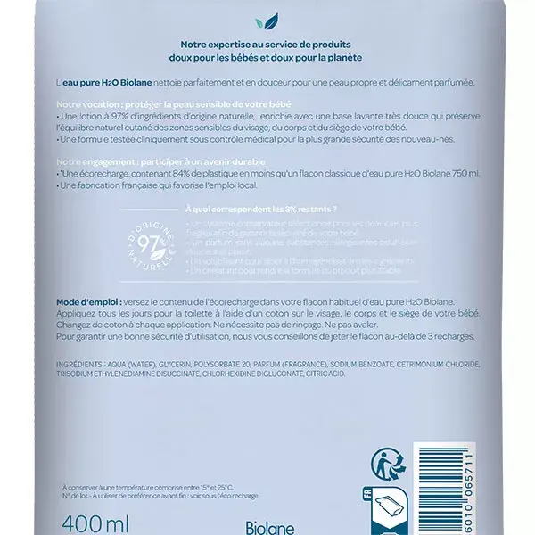 Biolane Água Pura para Banho e Vaso Sanitário H2O Eco-Refil 400ml