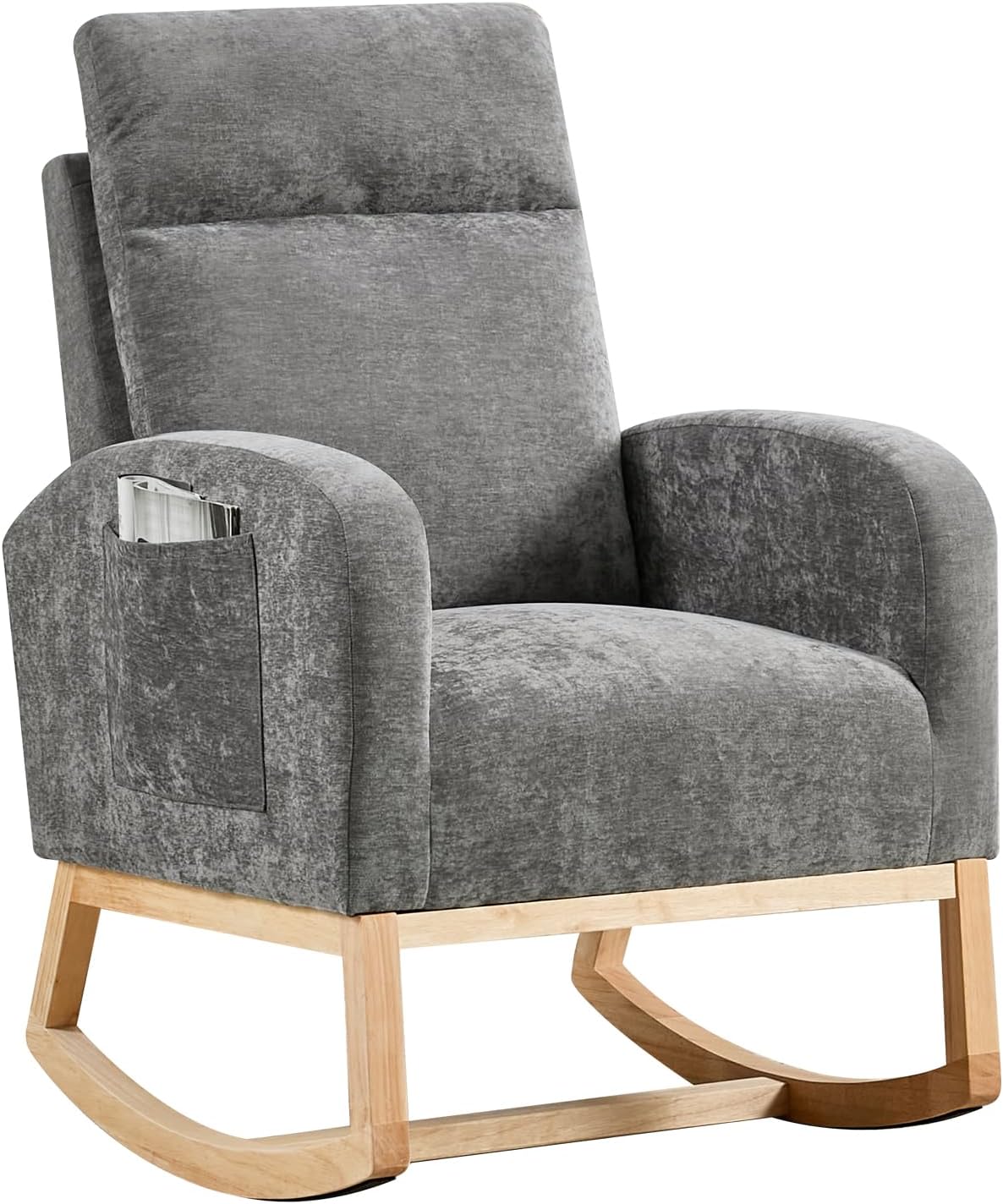 GarveeLife Schaukelstuhl Mit Seitentasche, 10 cm Gepolsterter Sitz & Weicher Rückenlehne, Beistellschaukelstuhl Für Wohnzimmer & Schlafzimmer