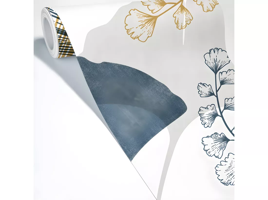 Papier Peint Panoramique L240xH270cm - Gingko Ocre et Bleu - Papier intissé 150gr/m2