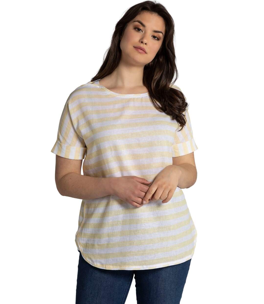 ULLA POPKEN Chemisier à rayures Oversized lin mix manches courtes jaune d'or