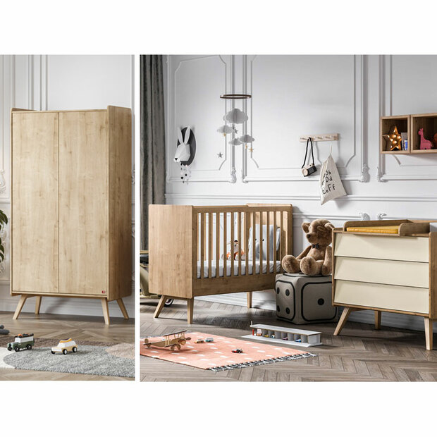 Chambre TRIO VINTAGE Lit 70x140 Commode Armoire Bois Jaune - VOX