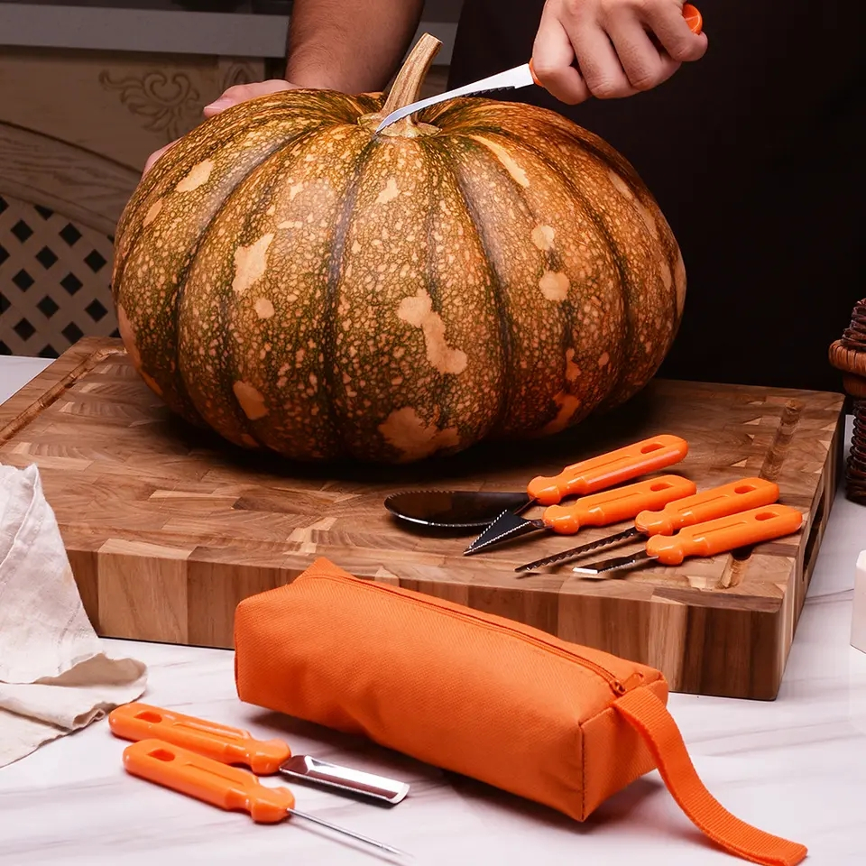 (7-tlg. Set) Halloween DIY Deko Kürbis Schnitz Werkzeug Pumpkin Aushöhlen inkl. Aufbewahrungs Tasche - Orange