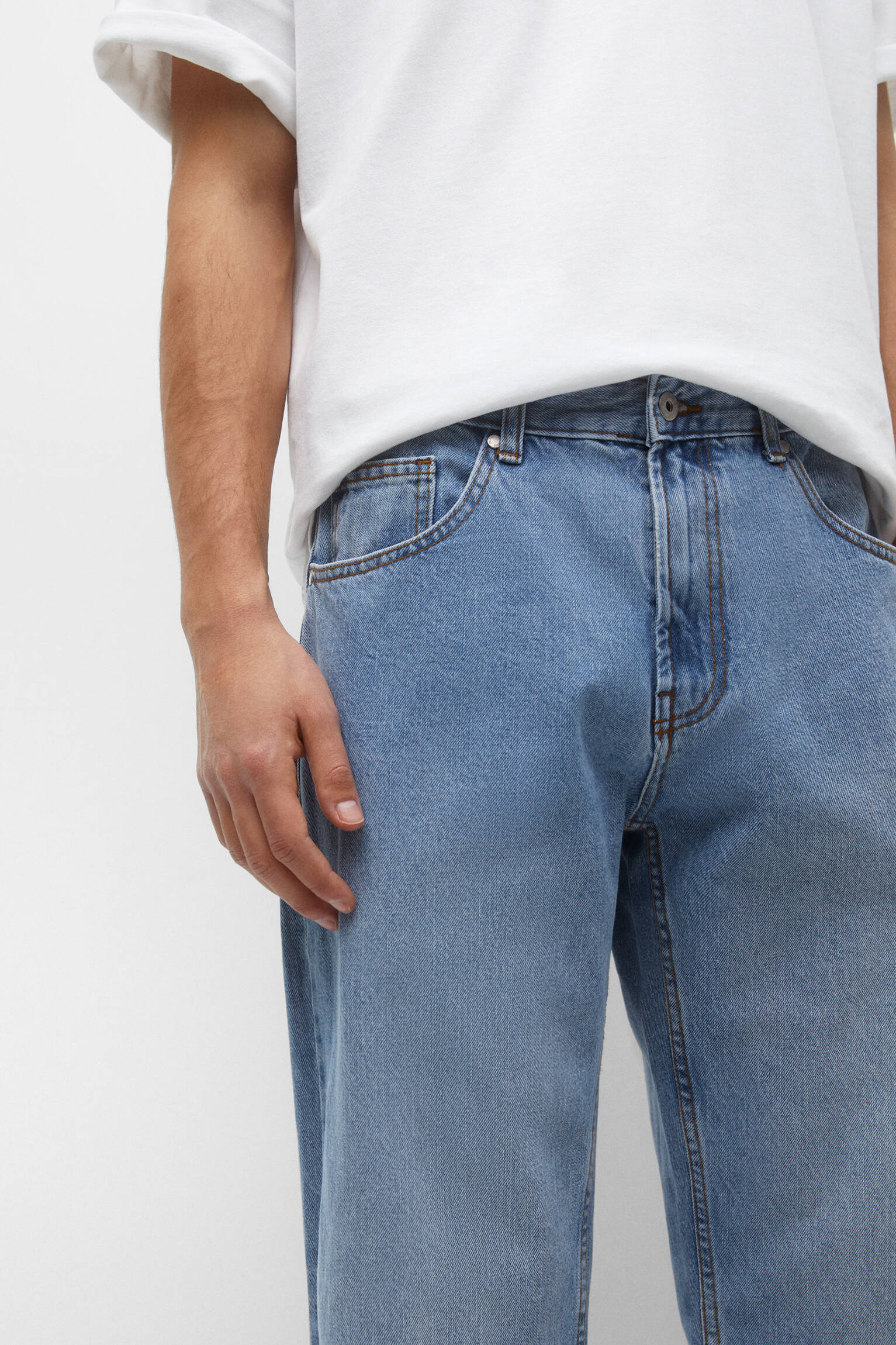 CALÇA JEANS DE ALGODÃO DE PERNA LARGA - AZUL CLARO