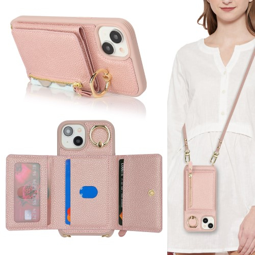 iPhone 14 / iPhone 13 Necklace Leder Hülle mit Münzfach und Kartenfächer   Finger Griff Halterung   Handykette - Roségold