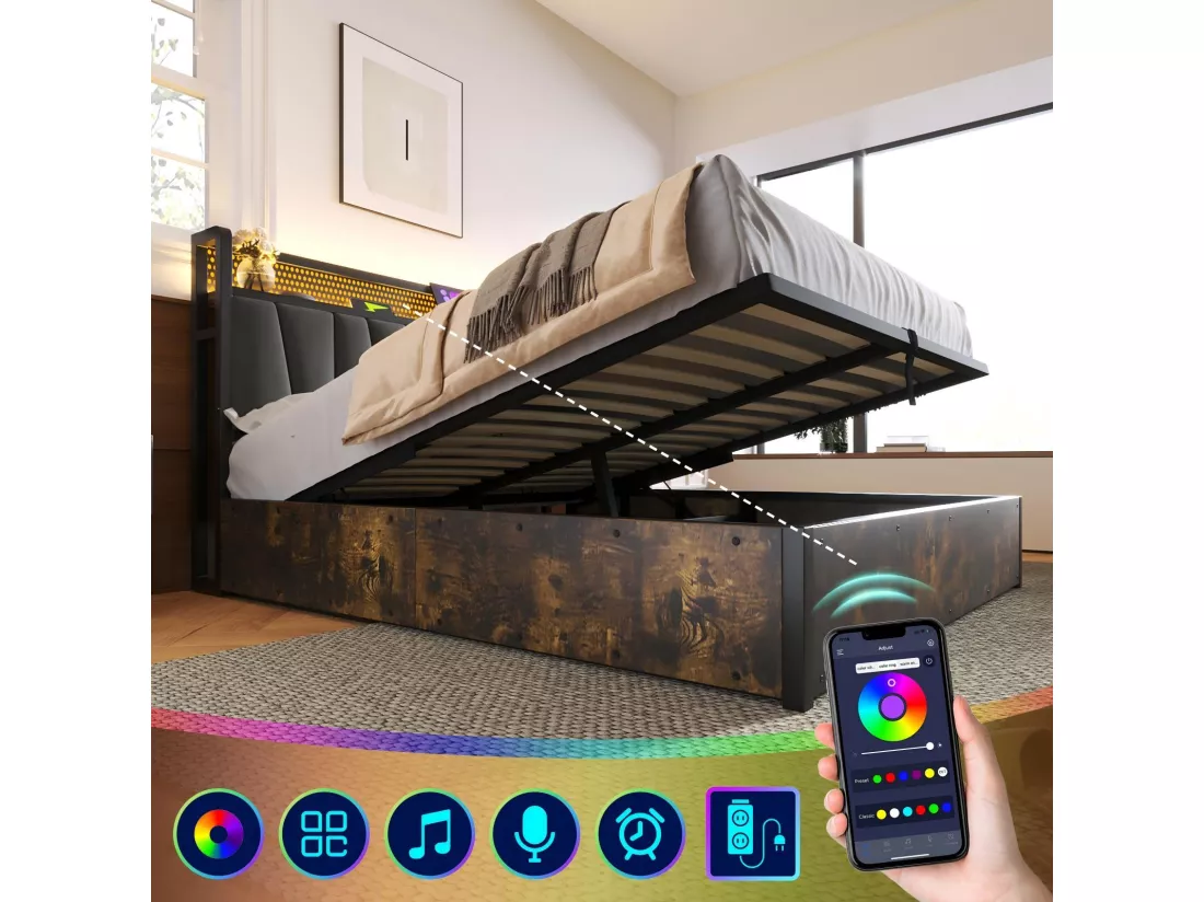 Lit double coffre 160x200cm+ matelas, avec LED et ports de charge USB, App contrôle, Gris