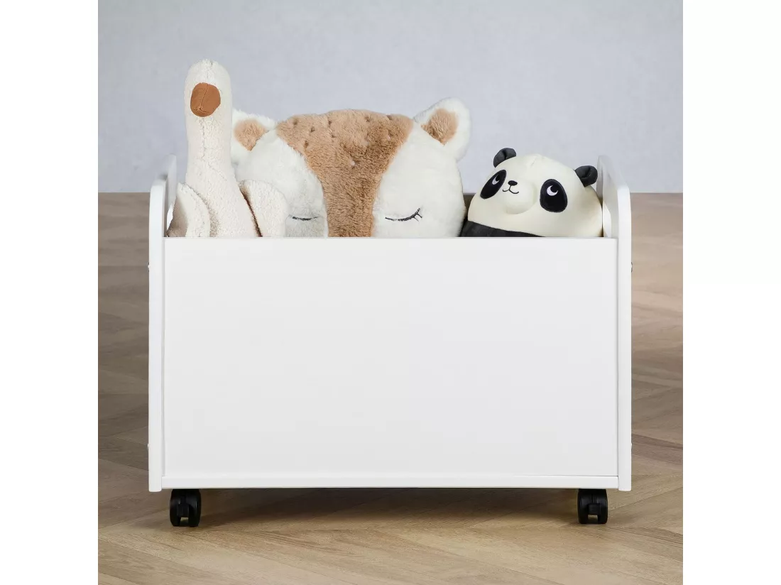 Coffre à jouets BENJAMIN sur roulettes 60 x 43 x 40 cm en bois pour chambre d'enfant, Rangement Montessori jouets et peluches, Blanc
