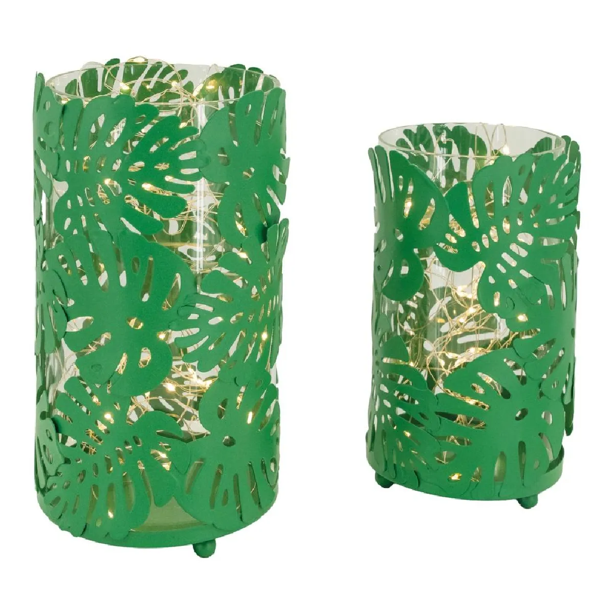 Aubry Gaspard Photophores ronds verts feuilles tropicales métal (Lot de 2).