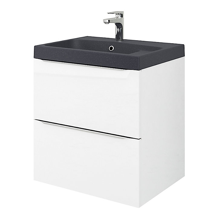 Meuble sous vasque à suspendre GoodHome Imandra blanc 60 cm + Plan vasque noir GoodHome Mila 60 cm