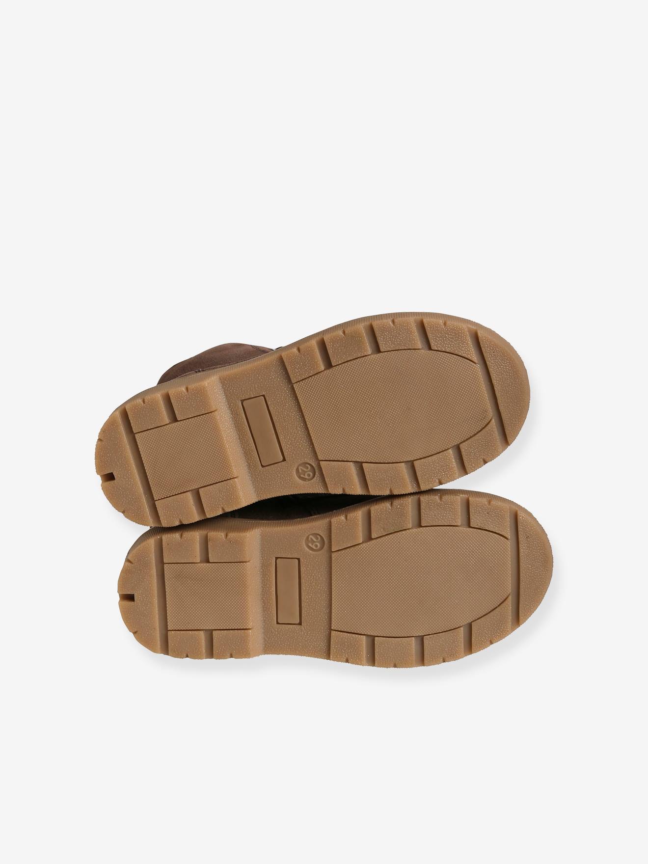 Botas de cano curto em couro com cadarço e zíper, para meninos, cor marrom escuro lisa.
