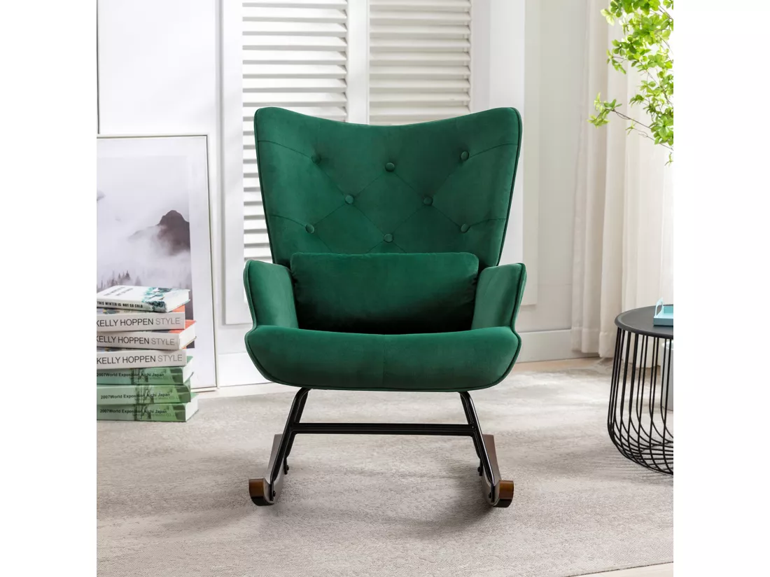 Fauteuil à Bascule Rembourré en Velours Moderne pour Salon, Chaise à Bascule à Dossier Haut avec Pieds en Bois, Vert Foncé