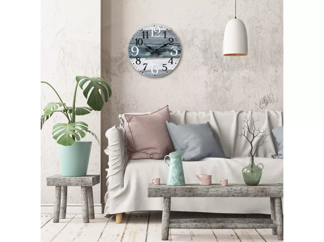 Horloge Murale Blanc Gris Bleu Mdf Shabby Rond 33,8x33,8x4