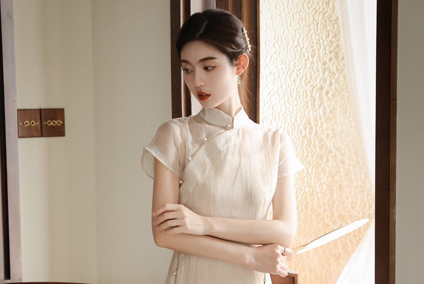Fioridi - Set: Hanfu lange top met korte mouwen + spaghettibandjes effen midi A-lijn jurk