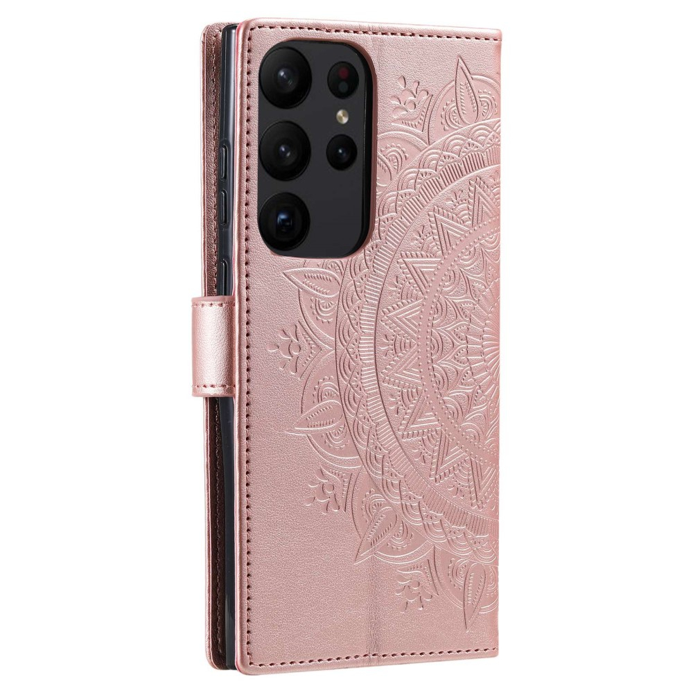 Samsung Galaxy S23 Ultra 5G Leder Tasche Wallet - Mandala Flowers Imprint - Roségold
