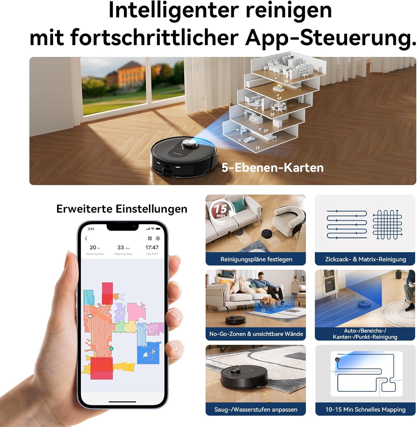 Proscenic Q8 Max Saugroboter mit Wischfunktion, 6000Pa 200min Staubsauger Roboter mit Absaugstation 3L Staubbeutel, Intelligentes Laser Navigation mit 5 Karten, Steuerung über APP Alexa Google Siri