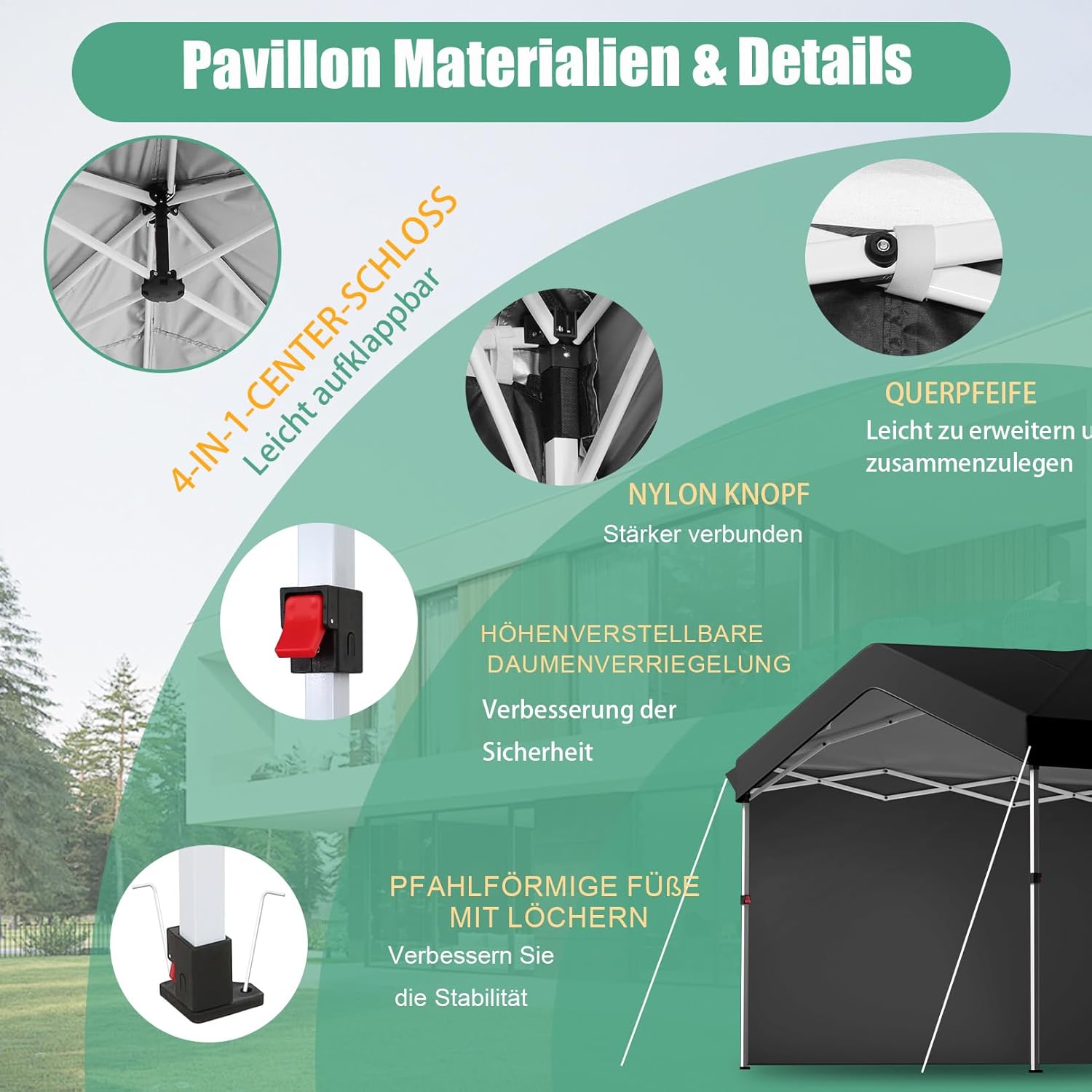 COBIZI Pavillon 3x3m, Faltpavillon 3x3 Wasserdicht Stabil One Push Pop up Carport Partyzelt mit 1 Seitenteilen & 4 Sandsack, 3 höhenverstellbar,Gartenpavillon für Camping Hochzeit UV-Schutz, Schwarz