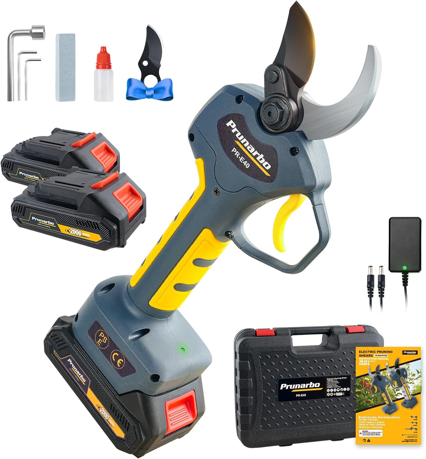 40mm Elektrische Gartenschere Akku Astschere mit 2x 2.0Ah Batterien 800W Bürstenlosen Motor LCD-Anzeige Schere für Garten Hecken und Sträucher, Kompatibel mit 18V Akkus (PR-E40)