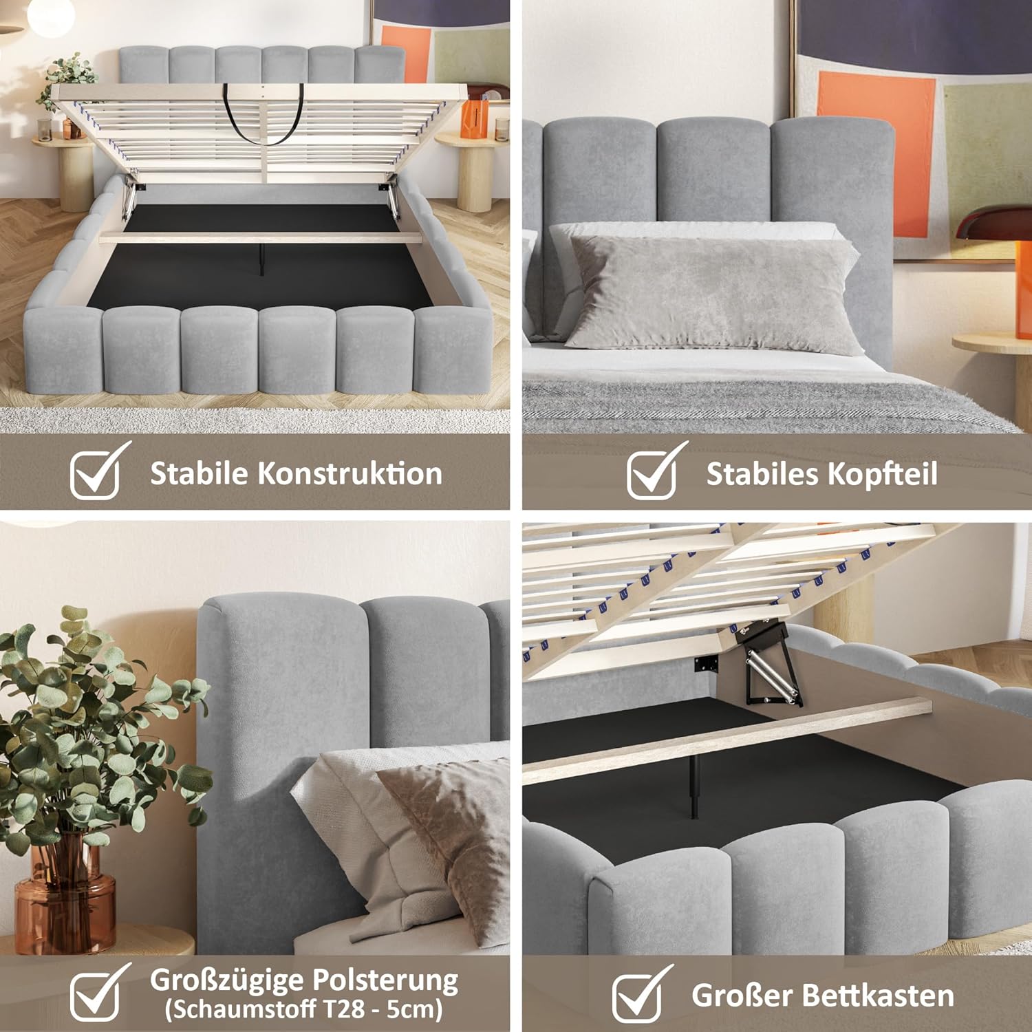 Nunu Bubble Bett 140x200 Weiß Boucle, mit Stauraum, mit Kopfteil, mit Lattenrost, ohne Füße, ohne Matratze, Bubble Polsterbett 140x200 mit Bettkasten Weiß (Milch)