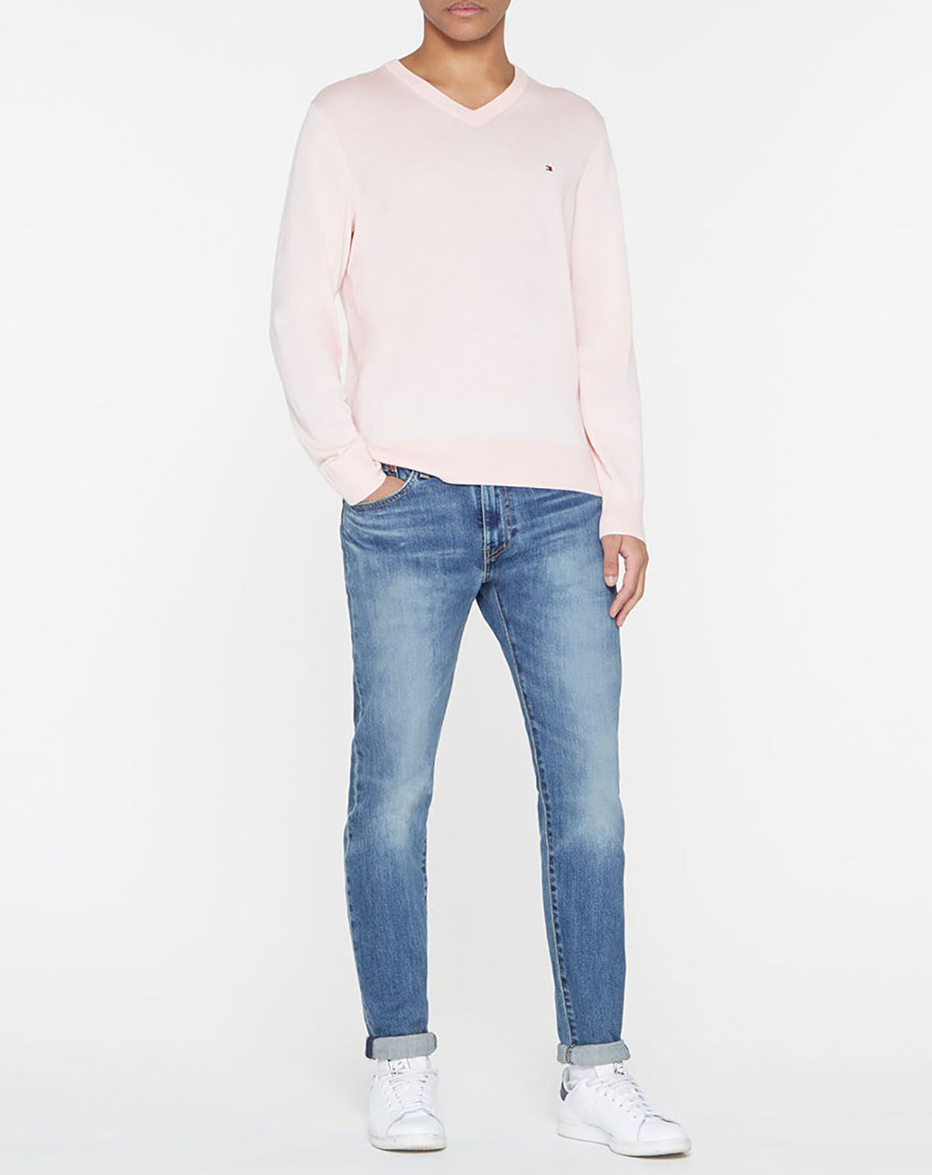 Tommy Hilfiger Pull col V en Coton Bio & Soie rose clair