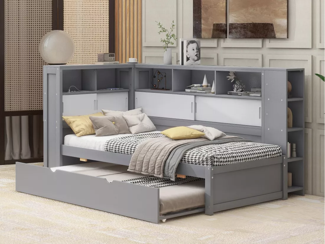 Lit gigogne en bois 90x200cm avec Ports de charge USB - entouré d'un cercle de rangements - Gris