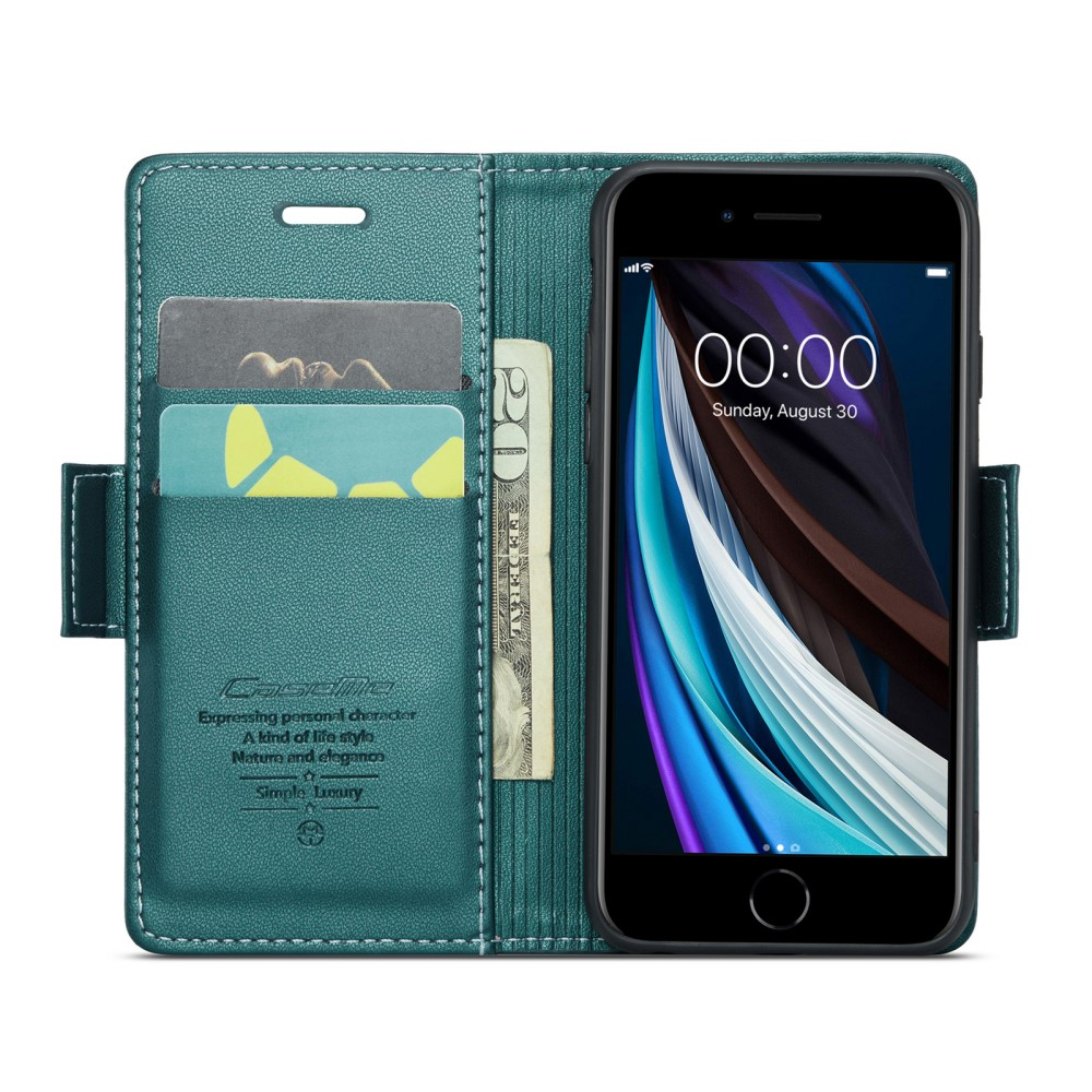 iPhone SE (2022/2020) / 8 / 7 / 6S Leder Tasche Flip Wallet Etui mit Kartenfächern Litchi Look (RFID Schutz) - Grün