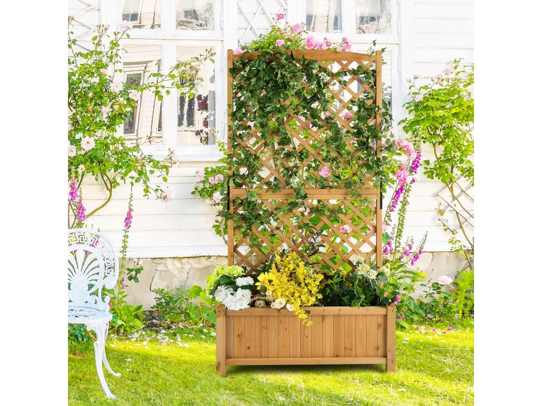 Jardinière avec Treillis en Bois de SaBois avec Trou de Drainage, Bac à Fleurs pour Plante Grimpante Vigne, Lit de Jardin Résistance aux Intempéries, Brun 90 x 44,5 x 180 cm