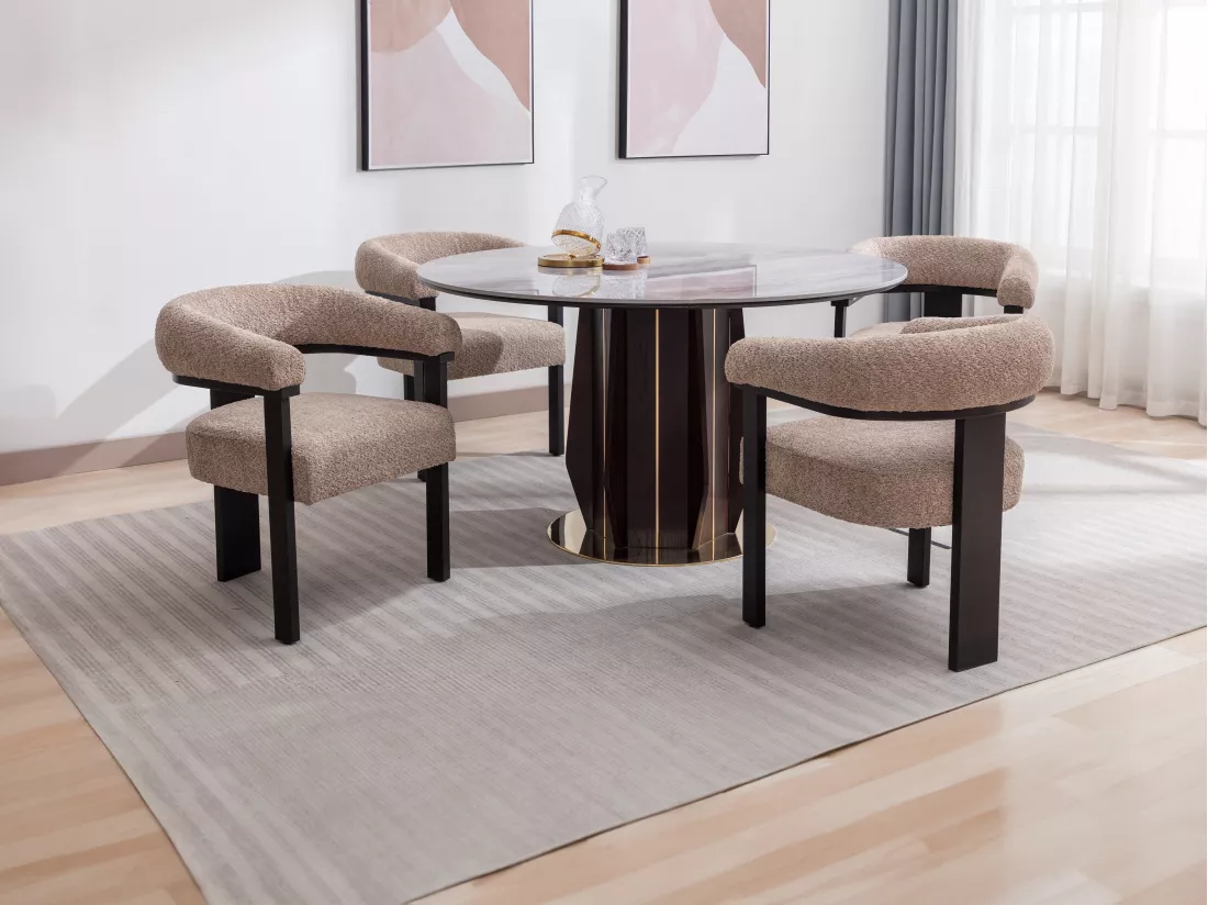 Lot de 6 chaises avec accoudoirs en tissu bouclette et bois d'hévéa noir - Taupe - LIVELIA de Pascal MORABITO