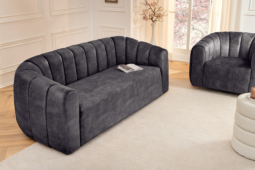 3-Sitzer Sofa BABYLON 200cm anthrazit Samt mit Ziersteppung