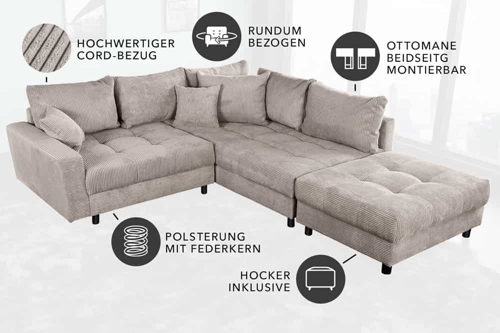 Modernes Ecksofa KENT 220cm greige Cord inkl. Hocker Federkern L-Form Wohnlandschaft