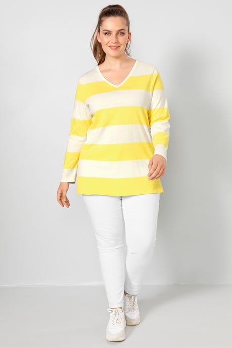 Pullover, Regular Fit, Blockstreifen, V-Ausschnitt, Langarm