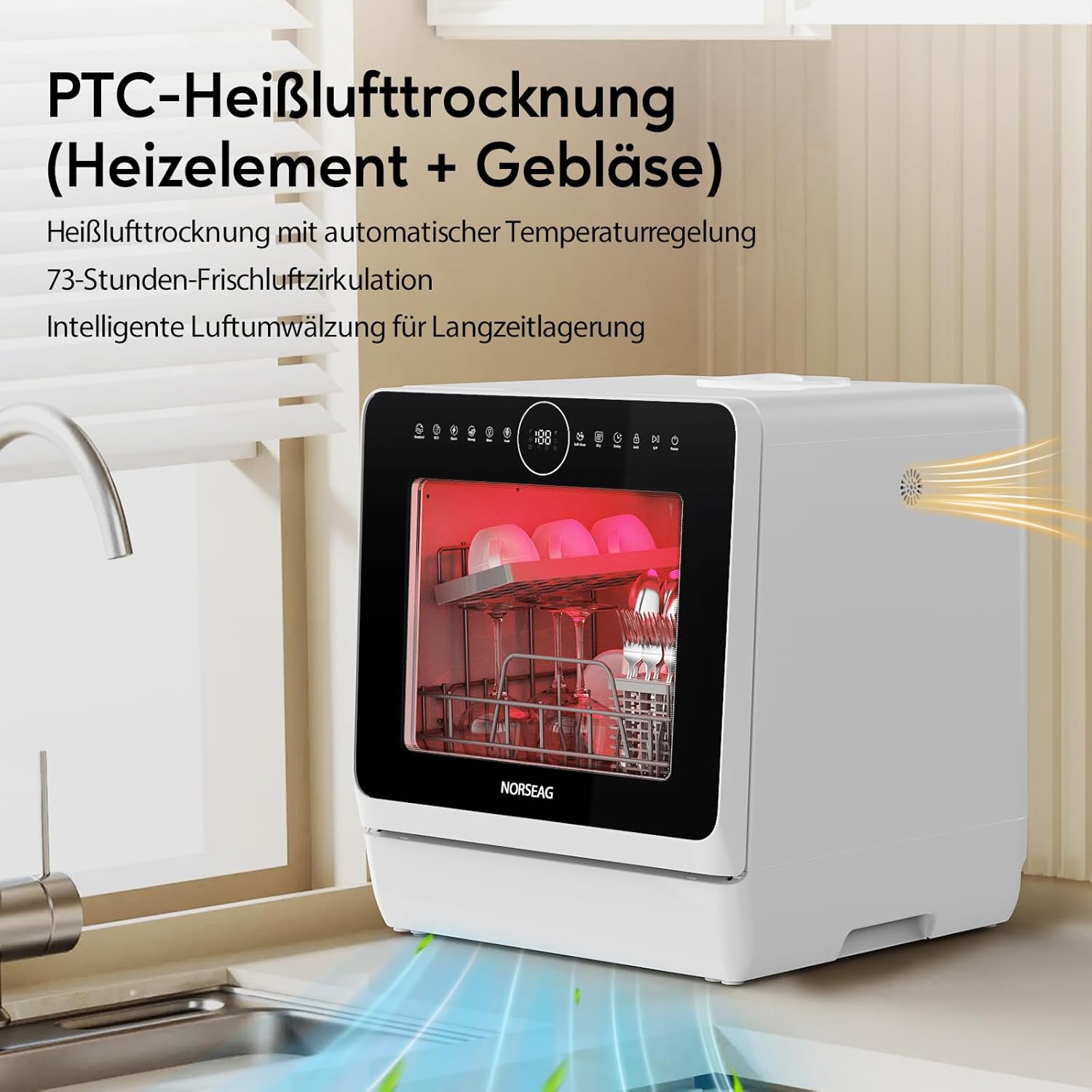 Mini Geschirrspüler – Tragbarer Tischgeschirrspüler mit 10 Programmen, 5L integriertem Wassertank, 3 Maßgedecken, Touch-Control & LED-Display, Überlaufschutz, für Küche, WG, Camping [Energieklasse D]