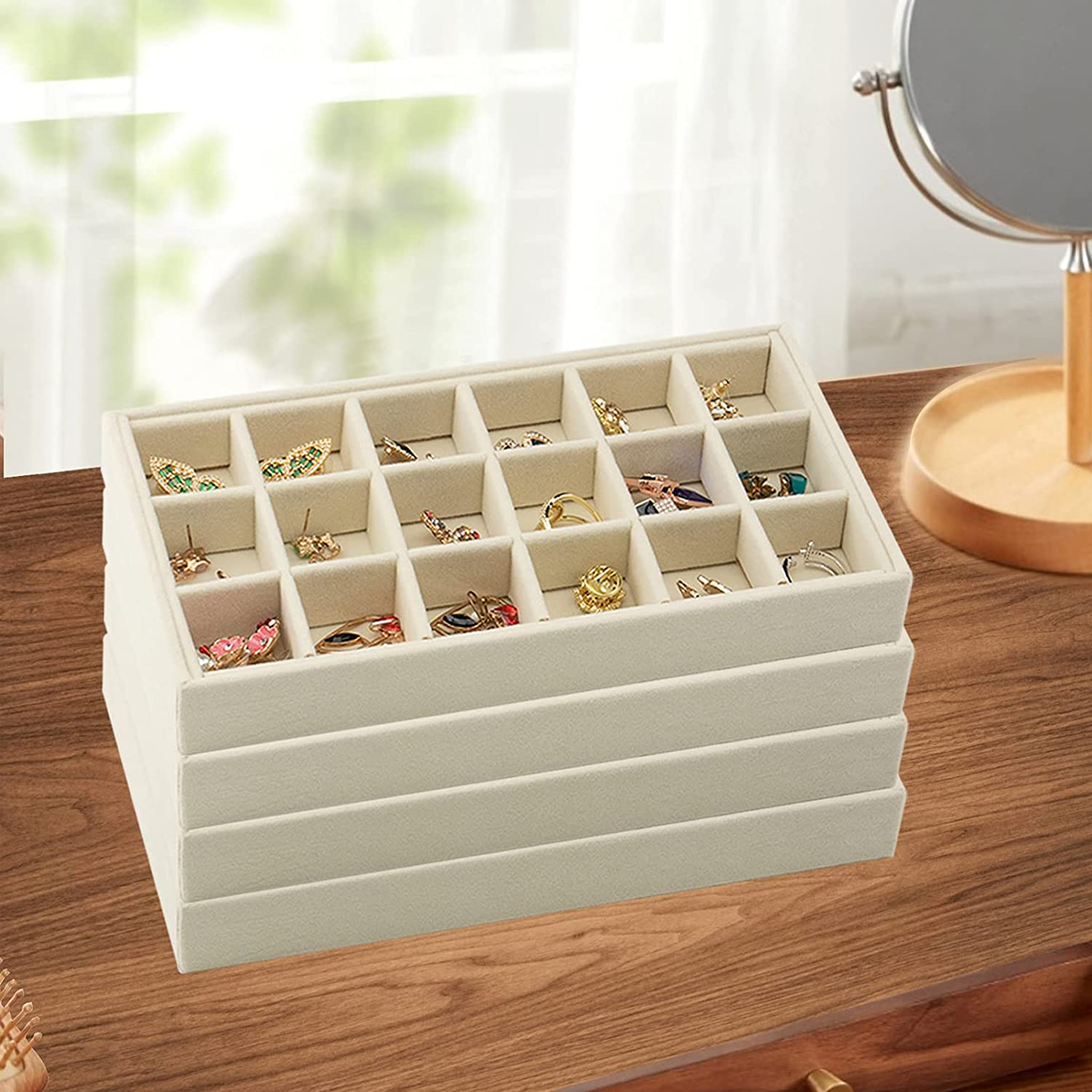 (21x12x2.5cm) Velour Schmuckschatulle Aufbewahrungsbox Organizer für Ringe / Ohrringe / Armbänder - Style 1 / Beige
