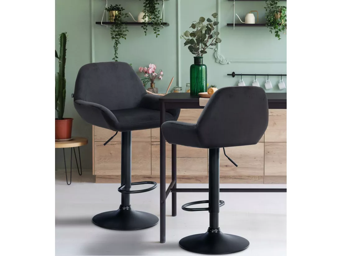 Lot de 2 Tabouret de bar - Velours - Noir - Braga